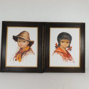 Pair of Acrylic Paintings Framed Boy Girl Children Latin Central American Signed